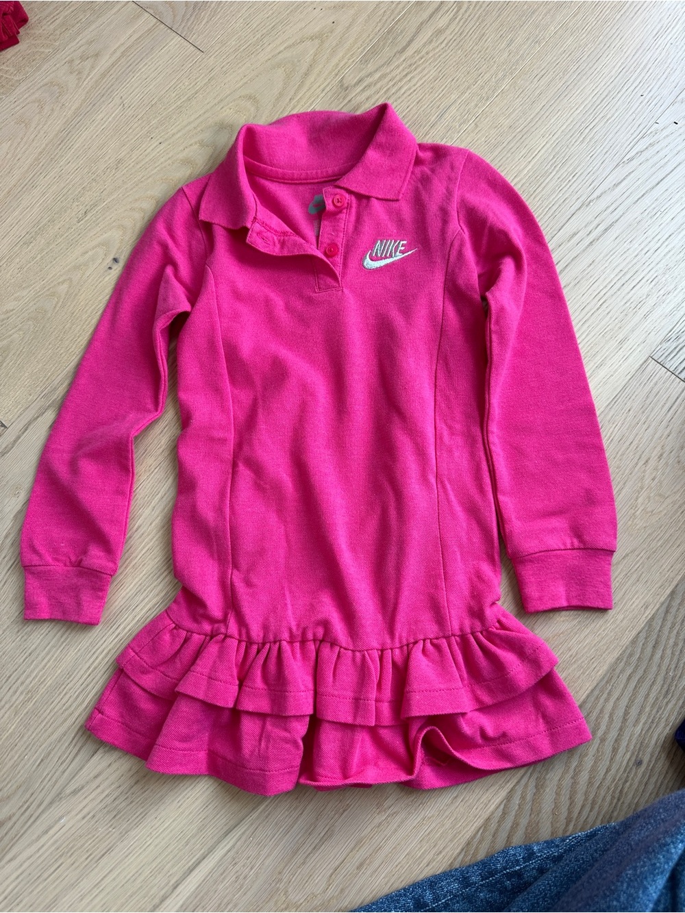 Nike Girls Hot Pink Long-Sleeve Polo Dress with Ruffle Hem